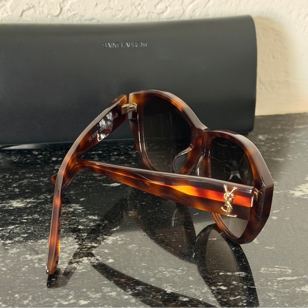 Saint Laurent YSL Havana geometric brown tortoise sunglasses with case - Picture 3 of 5